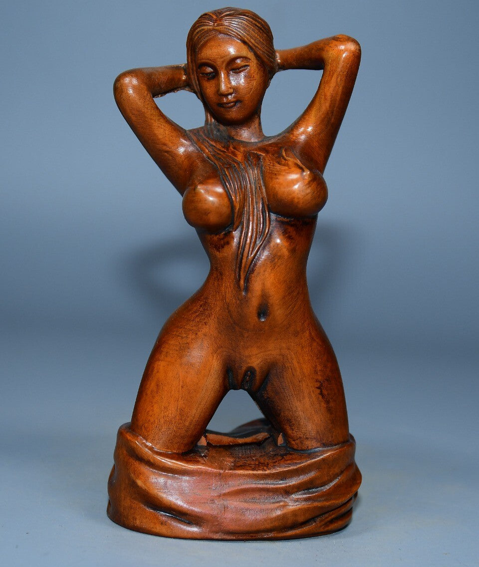 4.7" Collect Chinese Box-wood Carving Naked Beautiful Woman beauty knelt Statue