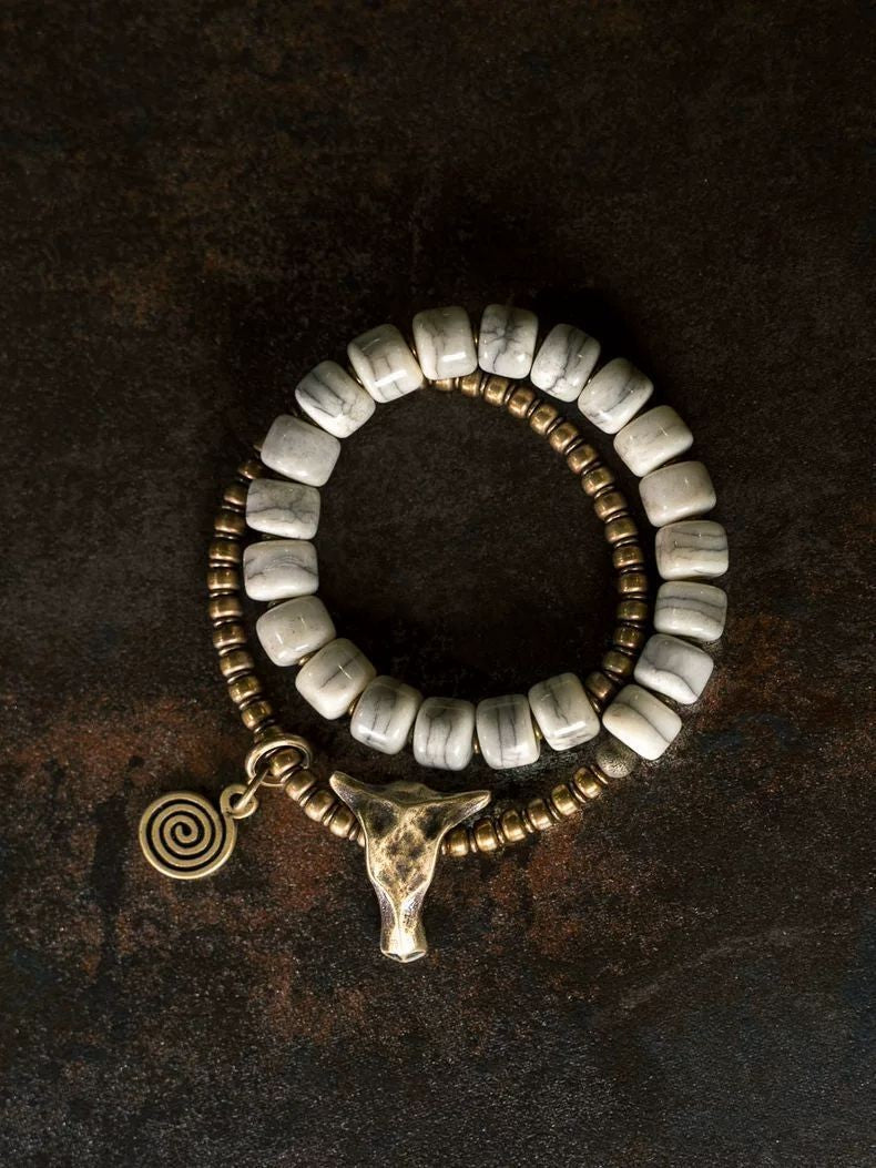 Men's Niche Bull Head Bracelet Vintage Beaded Double Layer Hand Jewelry