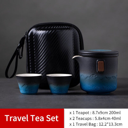 Black and Blue Ceramic Teapot with 2 Cups Portable Travel Tea Set