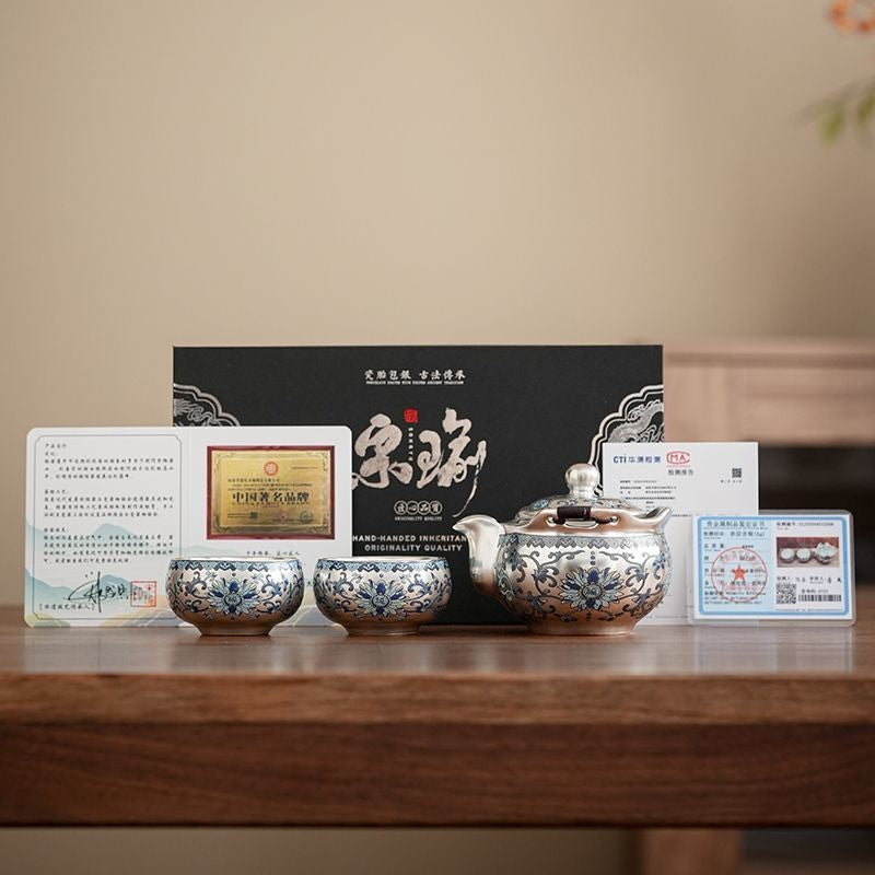 Chinese Silver Plated Travel Tea Set 1 Teapot 2 Cups Gift Box Gongfu