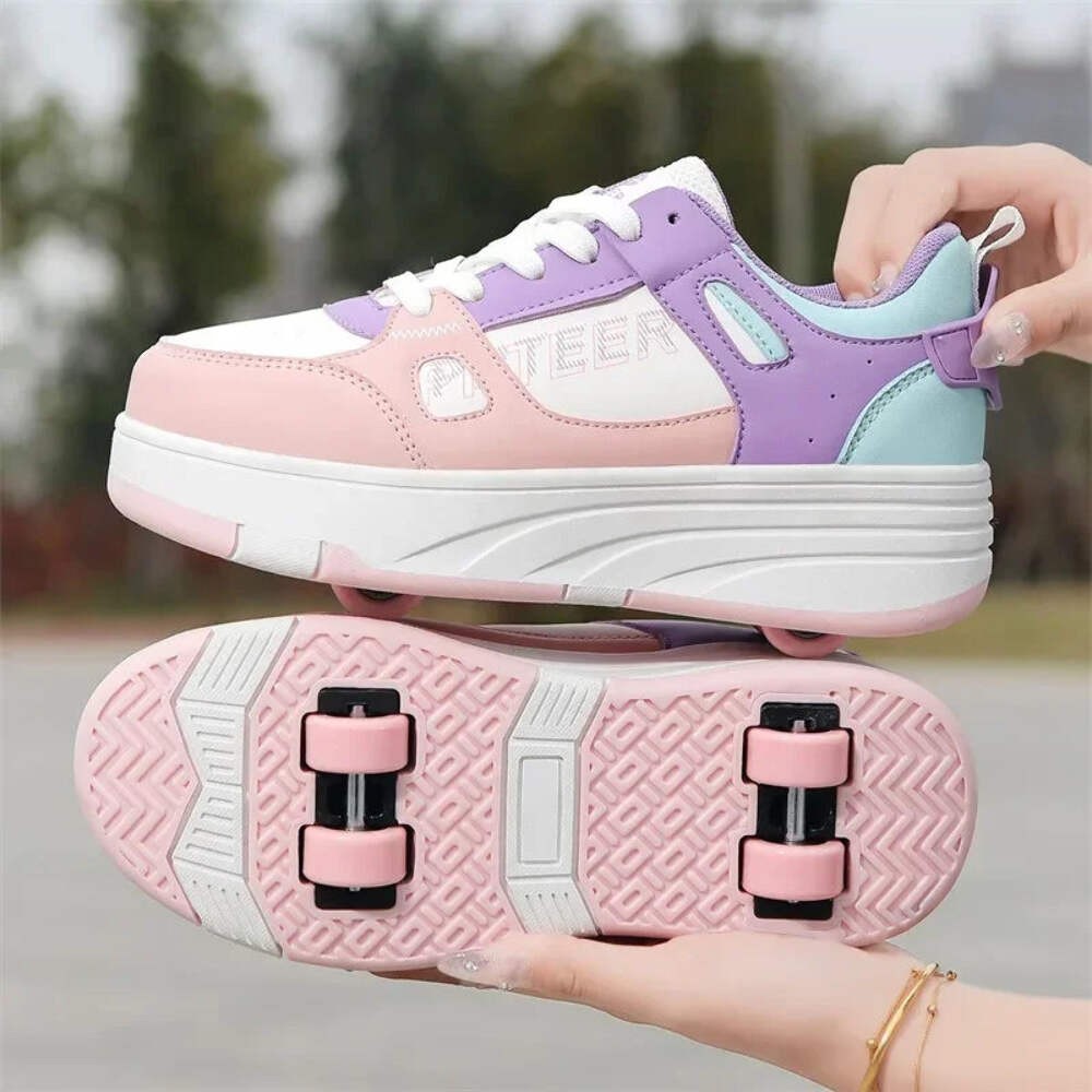 Kids Four-Wheel Roller Shoes PU Leather Sneakers
