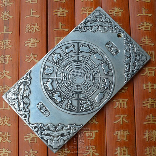 Old chinese Tibet Silver amulet Bullion statue thangka netsuke "双龙戏珠" 136g