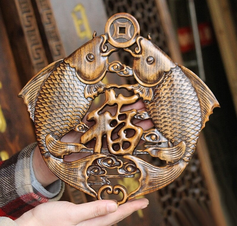 Wood Carved Carp Fish Plaque Feng Shui Wall Hanging Wooden Sculpture Amulet Deco