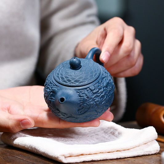 Collect Chinese Yixing Zisha Pottery Celeste Clay 160ML Dragon Grain Teapot 龙纹西施
