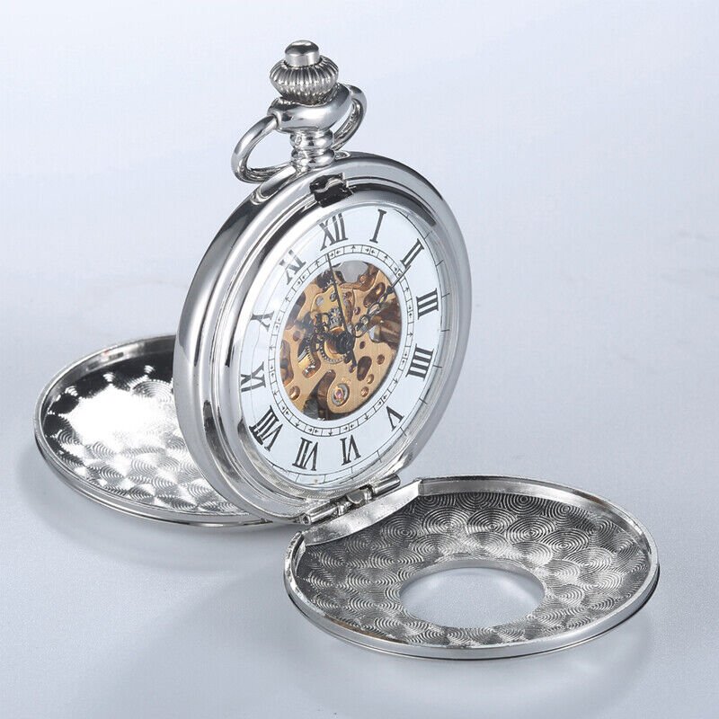 Retro Hand Wind Mechanical Pocket Watch With Fob Chains Men Hollow Skeleton Dial