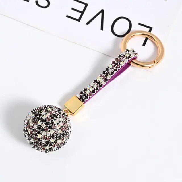 Rhinestone Ball Leather Strap Key Chain Pendant Charm Crystal Purse Bag Car Ring
