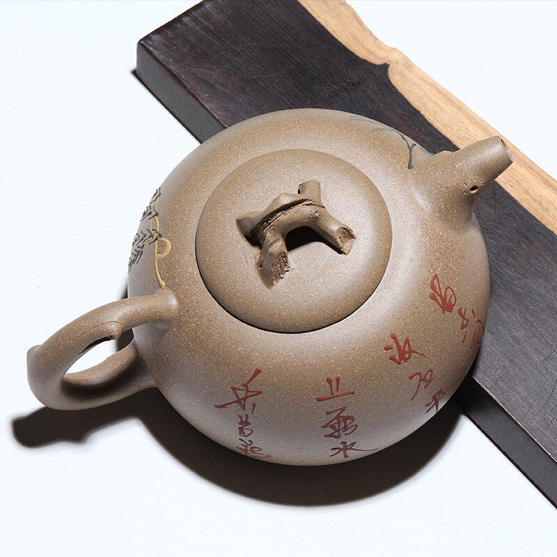 Chinese Yixing Zisha Tea Pot Beautifully Painted Purple Clay Stump Tea Pot 300ml