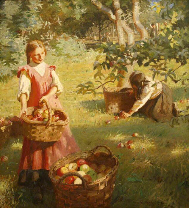 Dream-art Oil painting Harold_Harvey-Apples young girls in landscape handmade