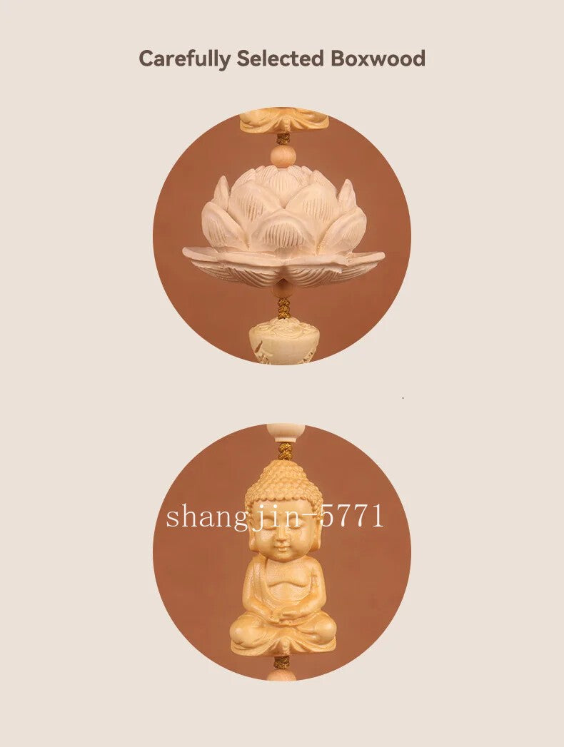 Handmade Boxwood Lotus Buddha Fu Figurines Pendants Car Ornaments Chinese Style