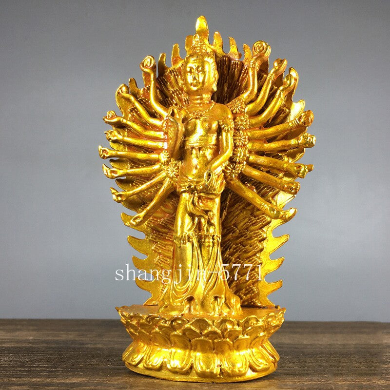 11.8cm Retro Copper Gilded Thousand-hand Guan Yin Buddha Statue Home Ornament