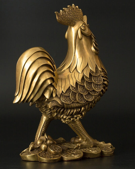 7.1" Brass Rooster Statue Money Coin Cock Feng Shui Sculpture Home Office Amulet