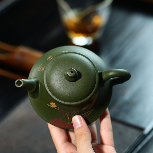 5.4" Yixing Zisha Pottery Green Clay Handmade Lotus Flower Bamboo Tea Pot Teapot