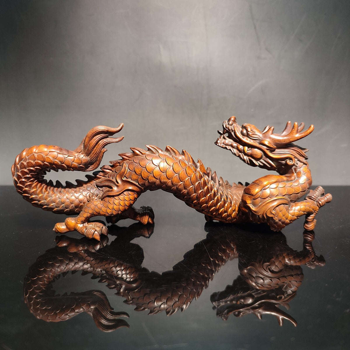 6.3" Wood carved Ornament chinese dragon statue fengshui Loong sculpture art