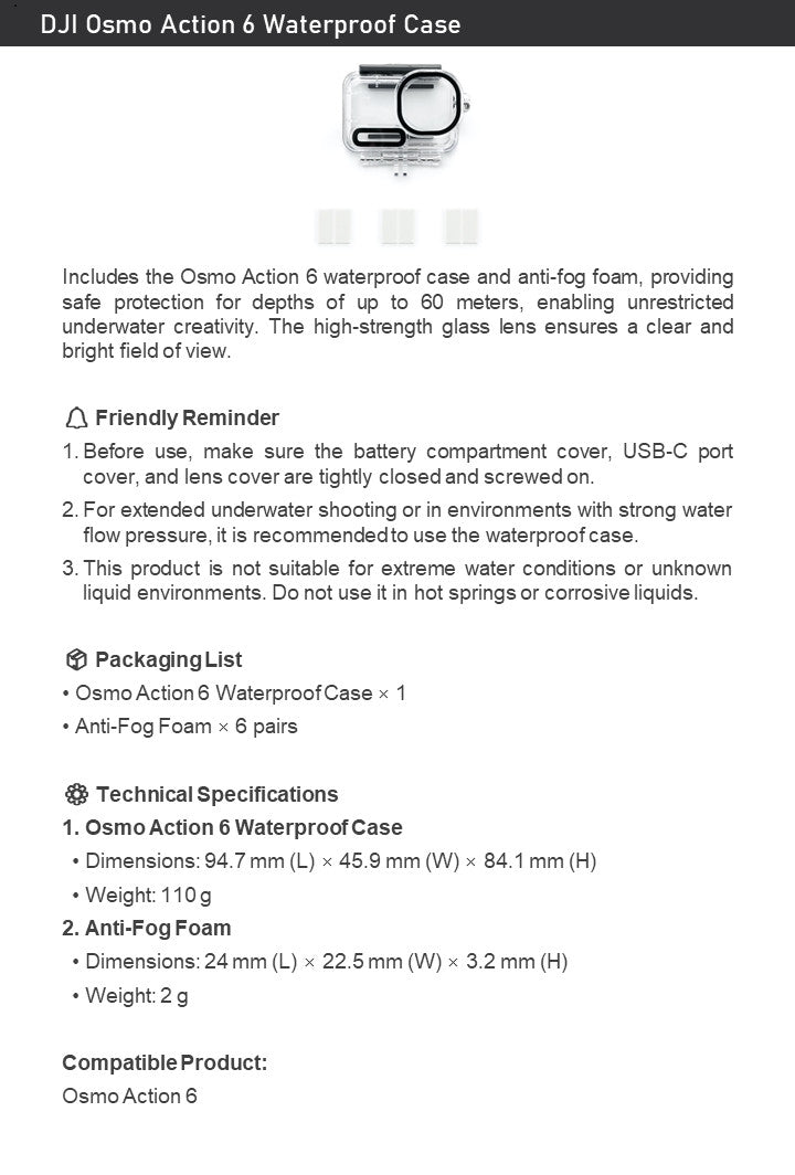 DJI Osmo Action 6 Waterproof Case – 60m Depth + 6 Anti-Fog Foams