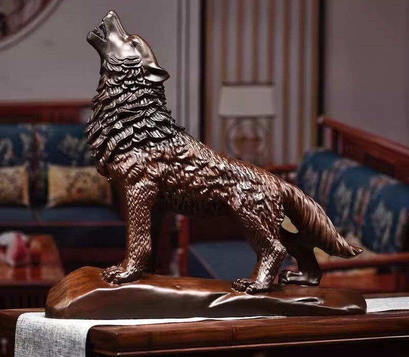 Natural Ebony Wood Carved Wolf Statue Figurine Animal Collectible
