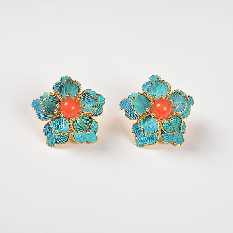 Handmade Cloisonne Peony Flower Stud Earrings Vintage Chinese Style Jewelry