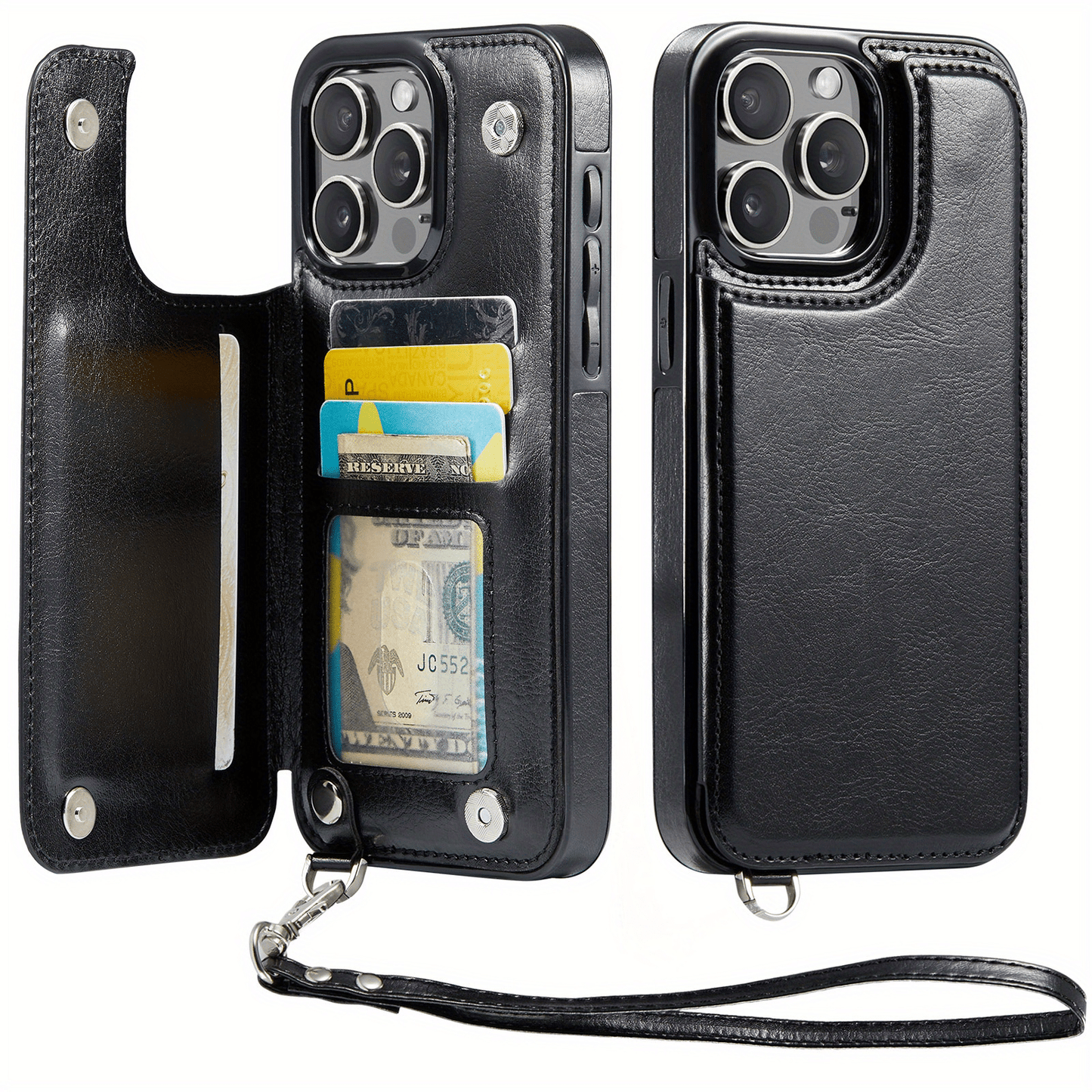 For iPhone 16/15/14/13/12/11 Pro Max Wallet Case with Card Holder Wrist Strap