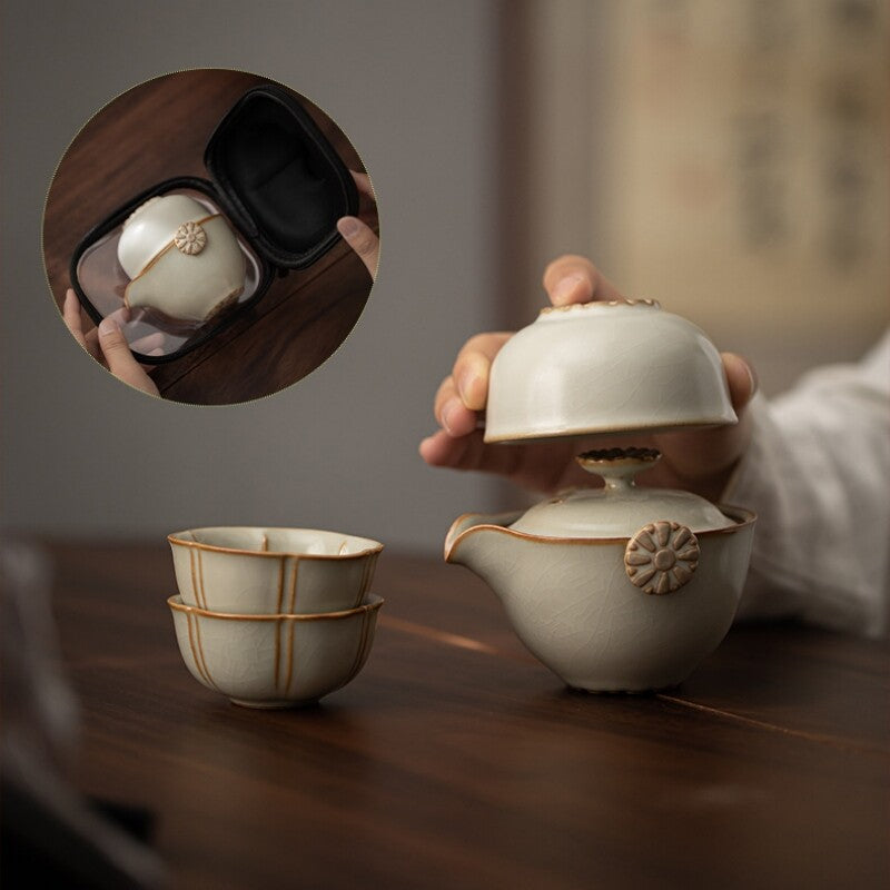 On Sales Travelling Tea Set With Bag Crackle Glaze Porcelain Tea Pot Cup Ruyao