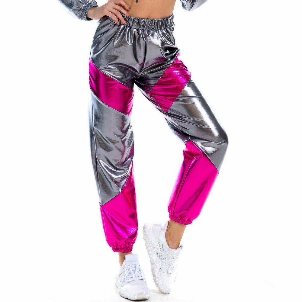 Women Pants Long Pockets High Waist Loose Holographic Patchwork Trousers Jogger