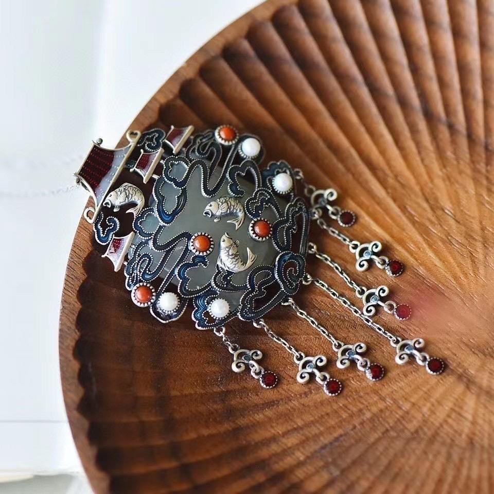 Chinese Style Koi Pendant Enamel White Glass Inlaid Multi Gem Necklace Women