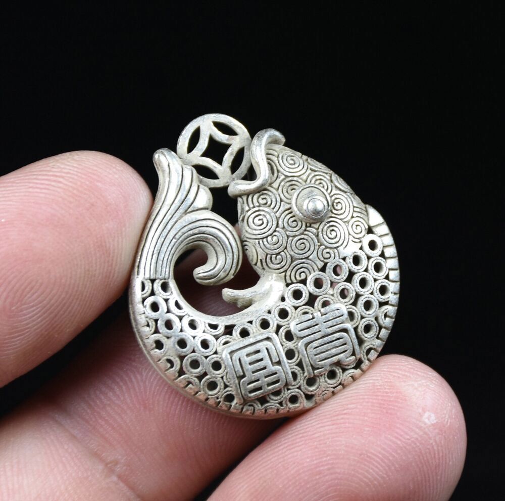 Rare Chinese Miao Silver Feng Shui Hollow Fish Goldfish Money Coin Luck Pendant