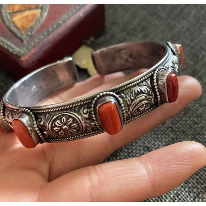 Tibetan Nepalese Bangle Adjustable Eight Treasures Red Inlay Bracelet