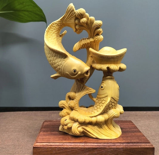 5.5" Boxwood Carved Carp Fish Igot Statue Feng Shui Wealth Home Ofiice Decor