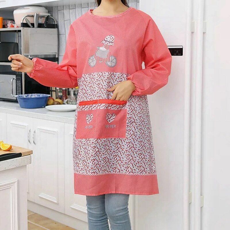 Women Kitchen Apron Long Sleeve Cooking Baking Workwear Bib Polyester 68x46x30cm