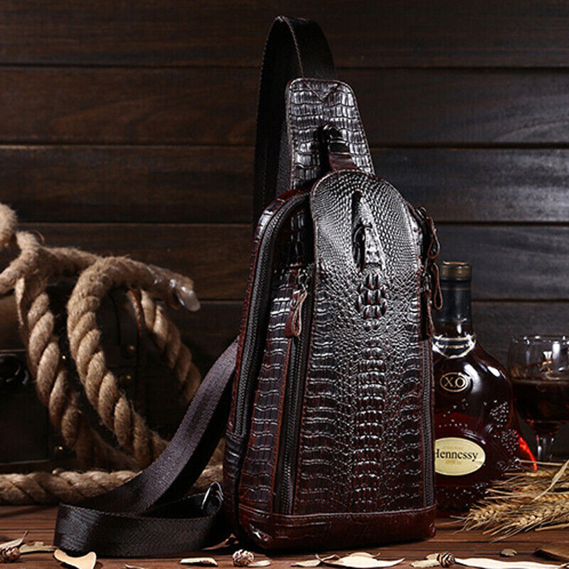 100% Genuine Leather Crocodile Pattern Crossbody Bag Sling Backpack for Hiking
