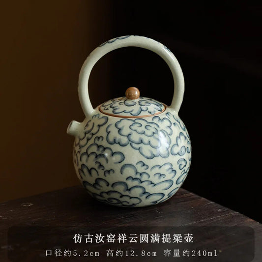 Ru Kiln Teapot Single Ceramic Household Tea Set Blue White Porcelain Beam Pot