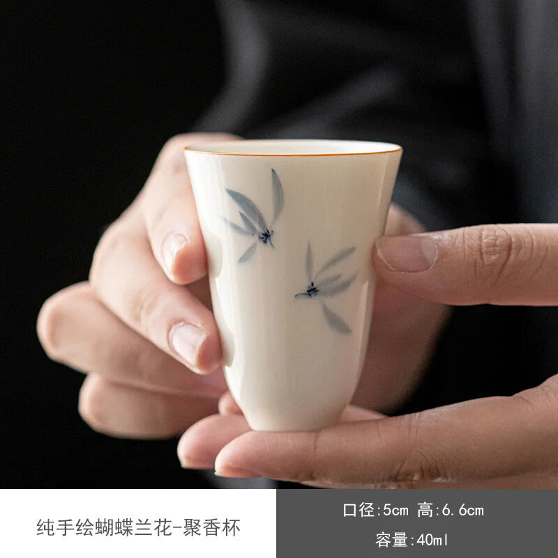 2pc/Set 40ml Hand Painted Butterfly Orchid Tea Cup Ceramic Kung Fu Tea Ceremony