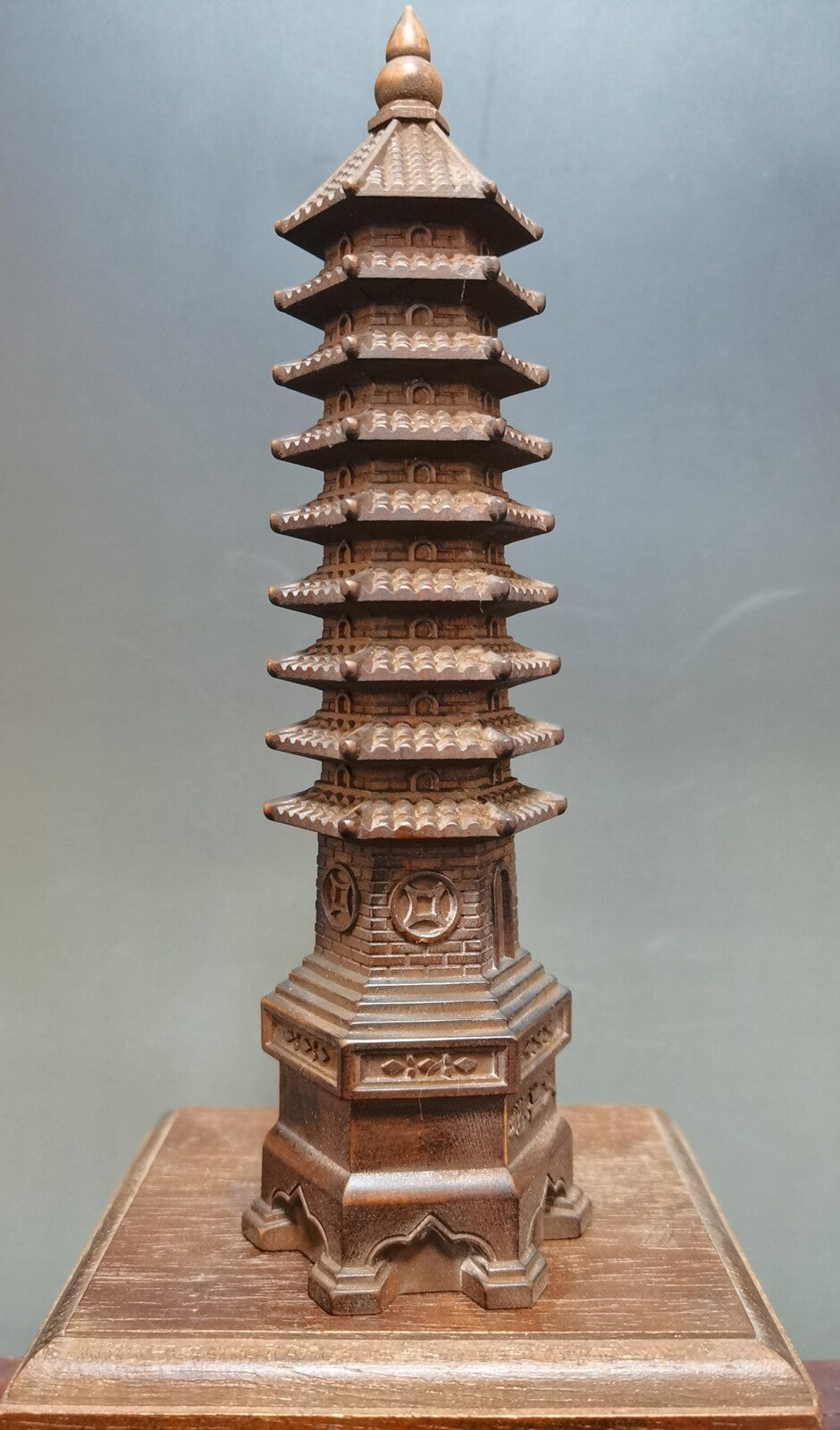 Antique Vintage Chinese Boxwood Nicely Carved Wenchang Pagoda Statue Sculpture