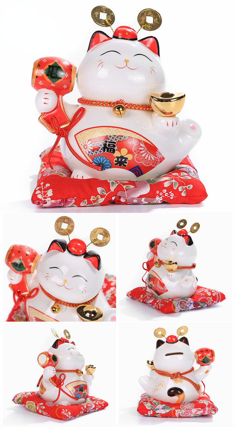 16cm Ceramic Maneki Neko Lucky Cat Money Box Piggy Bank Feng Shui Home DecorGift