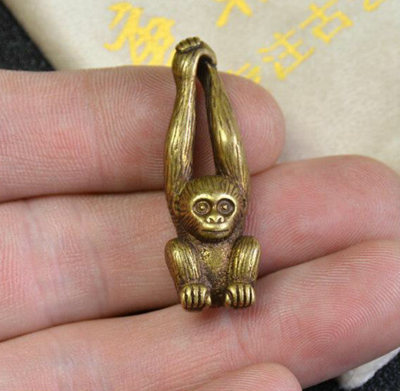 Chinese Antique Bronze Small Handle Luck Gibbon Monkey Pendant