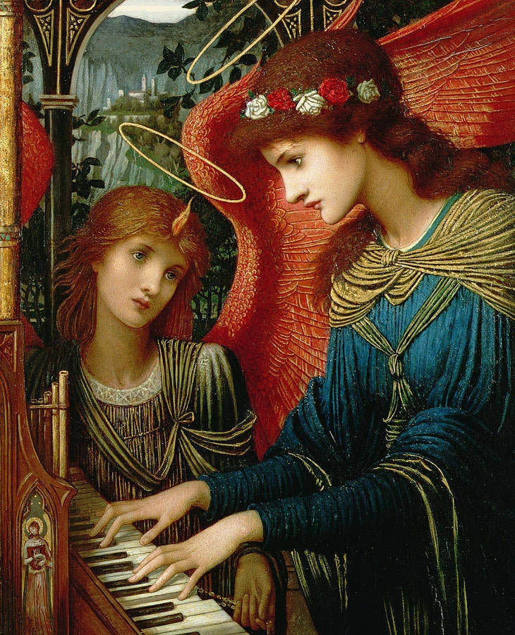 Oil painting portraits beautiful young girl playing piano & angel in landscape