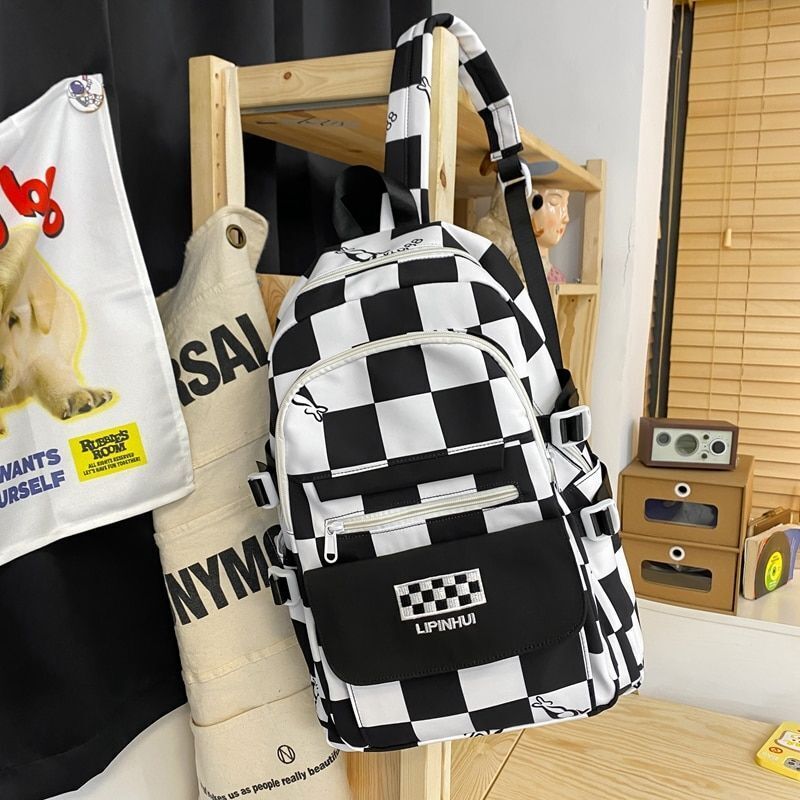 Backpack Waterproof Multi-Pocket Nylon Bookbag Plaid Schoolbag Laptop Travel Bag