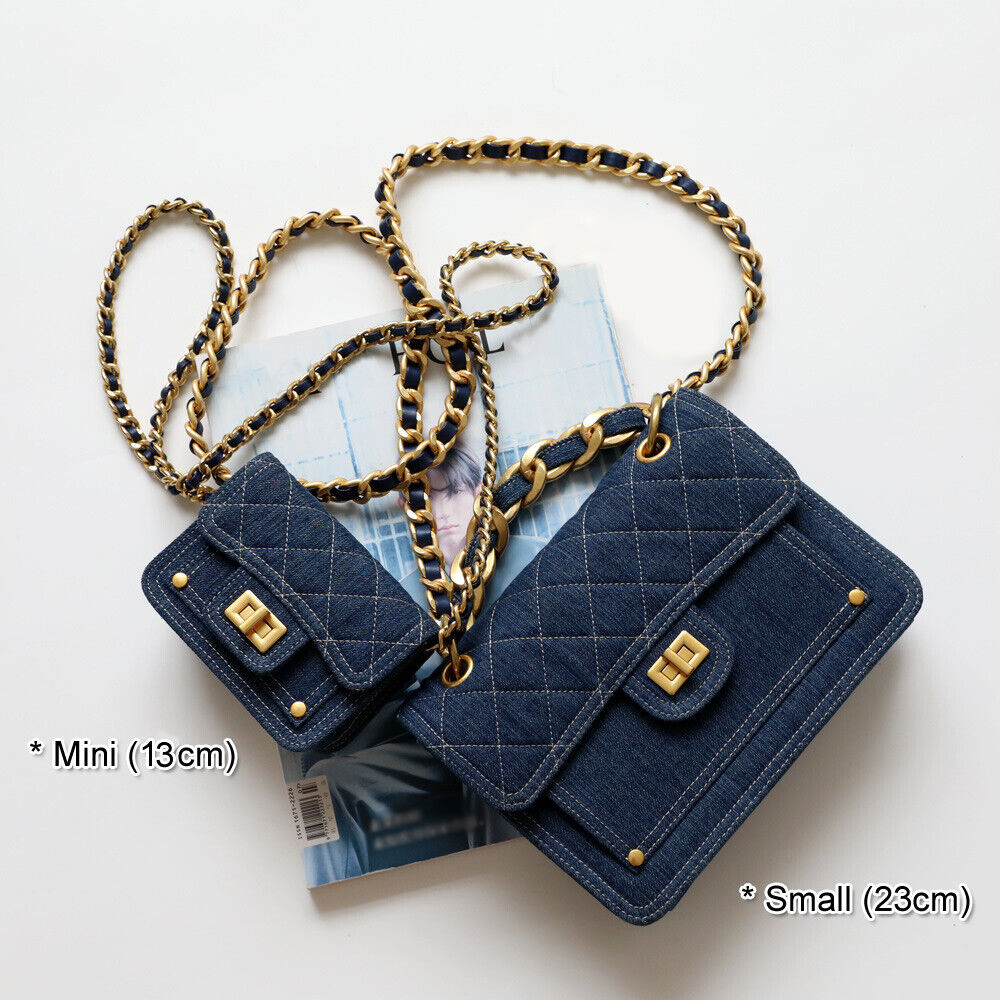 Mini Quilted Denim/ Leather Small Flap Purse Shoulder Bag Crossbody Clutch Chain