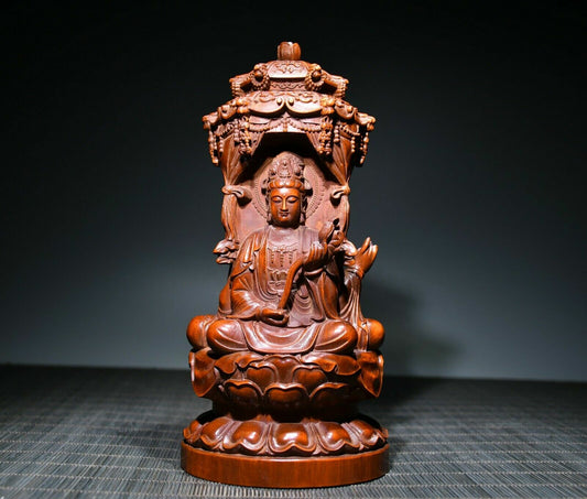 Collect Chinese Wood Carving Boxwood Wooden Sculpture Three Buddha Statue Decor
