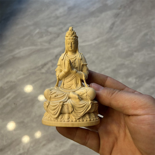 11cm Retro Boxwood Handcarved Avalokitesvara Bodhisattva Buddha Statue Ornament
