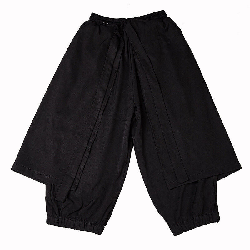 Men Japanese Loose Wide Leg Pants Drawstring Kimono Samurai Baggy Trousers Skirt