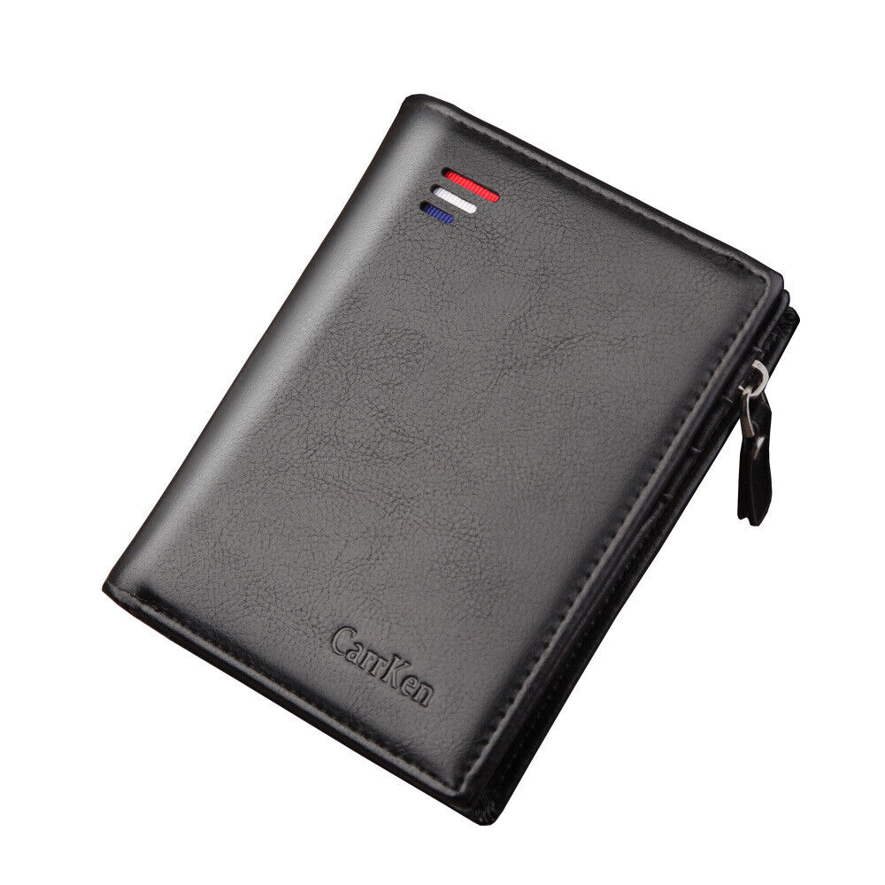 CarrKen Men's Leather Bifold Wallet Slim Business ID Card Pocket Holder Zipper