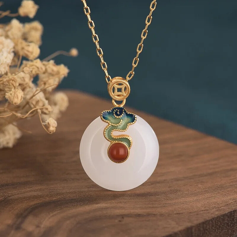 Chinese Gold Plated Jumping Carp Necklaces Women White Stone Pendant Necklace