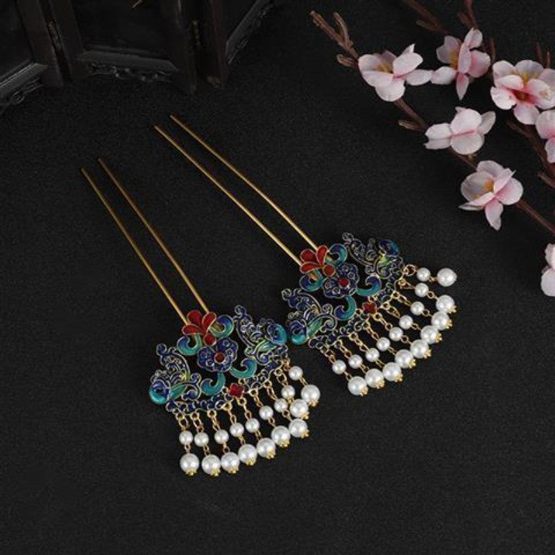 Chinese Hanfu Cloisonne Enamel Pearl Tassel 5pcs Hair Accessories Set