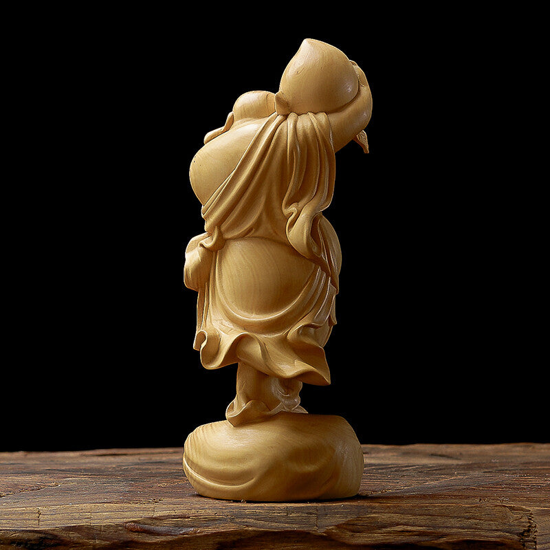 China Natural Boxwood Carved Maitreya Buddha Peach Statue Buddhism Decor Collect