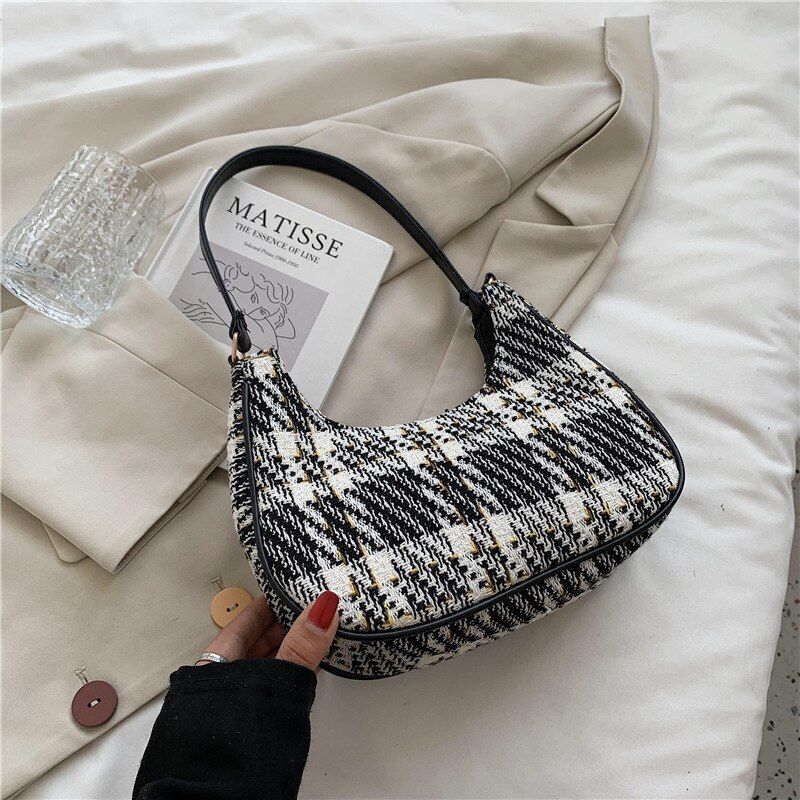 Plaid Canvas Bag Synthetic Leather Shoulder Bag Simple Zipper Handbags 24*8*18CM