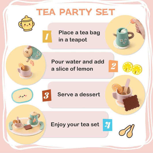 Tea Party Set for Little Girls, Wooden Kids Tea Set with Teapot Cups Coasters Ca
