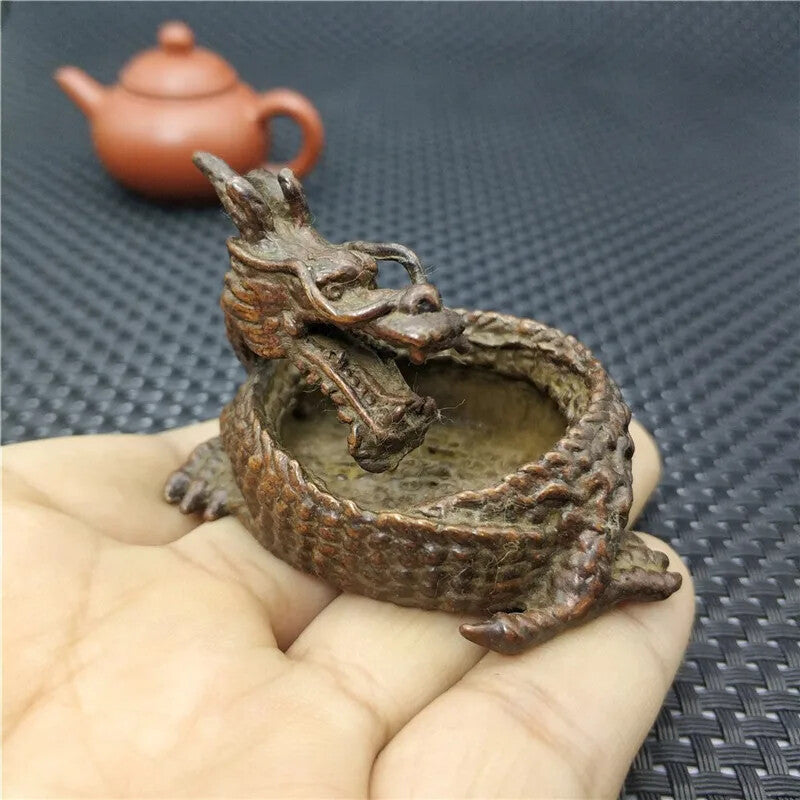 Chinese Bronze Sculpture Pure Brass Carving Dragon Statue Ashtray Zodiac Animal