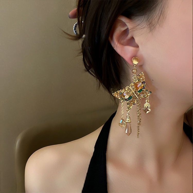 Champagne Crystal Butterfly Tassel Earrings Gold Rhinestone Dangle