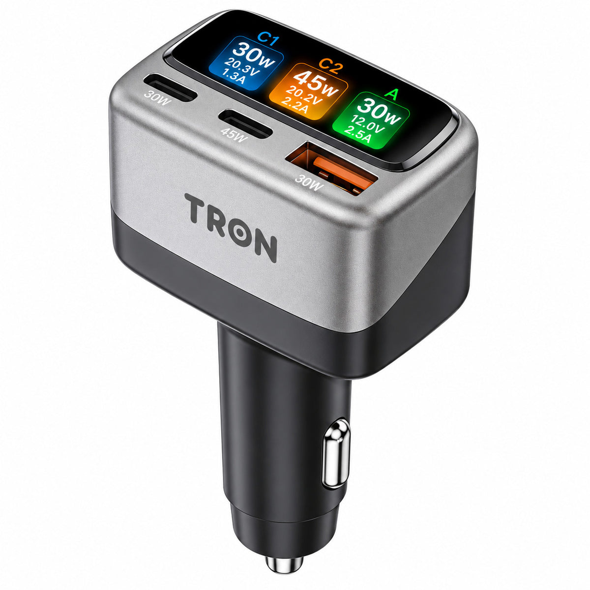 TRON 105W 3-Port Car Charger with Smart TFT Display, USB-C & USB-A Fast Charging