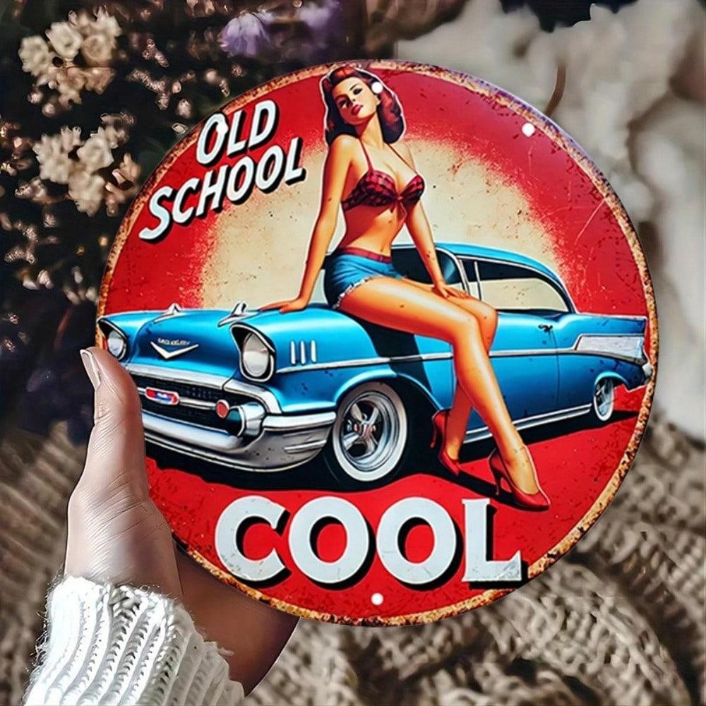 Vintage 8x8 Round Tin Sign Pin Up Girl Retro Car Cool Girl Wall Art for Home